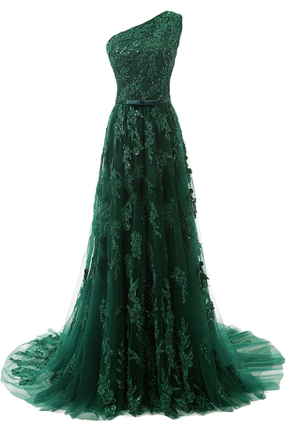 Dark Green Floor Length Lace Appliqués Tulle Evening Dress Featuring One Shoulder Bodice With 1291